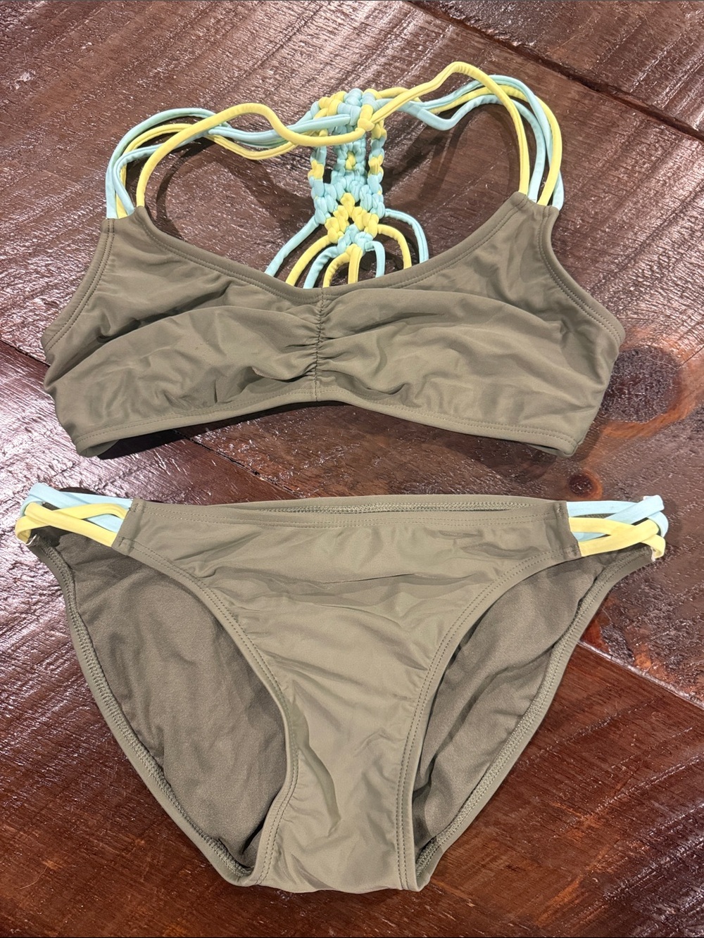 Xhilaration Olive Green Bikini with Yellow & Light Blue Straps